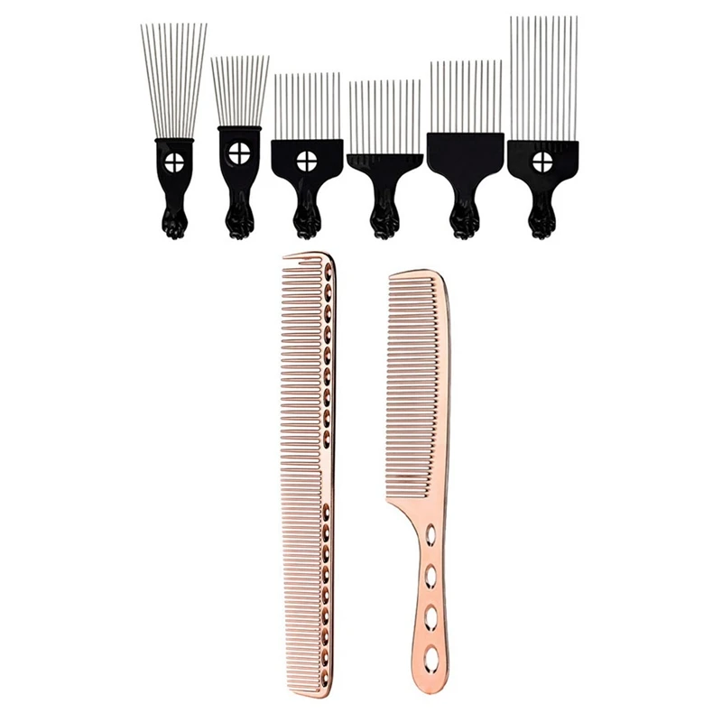 

6Pcs Wide Teeth Brush Pick Comb Fork Hairbrush & 2 Pcs Stainless Steel Hair Combs Rose Gold