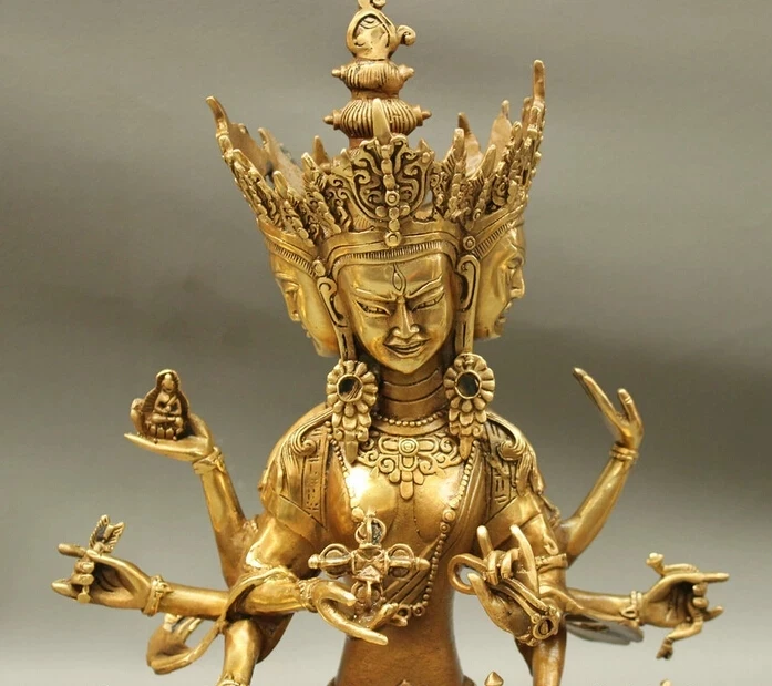 

wholesale factory 12" Tibet Brass 3 Head 8 Arms Vajra Namgyalma & Ushnishavijaya Buddha Statue AE1024 AB1025