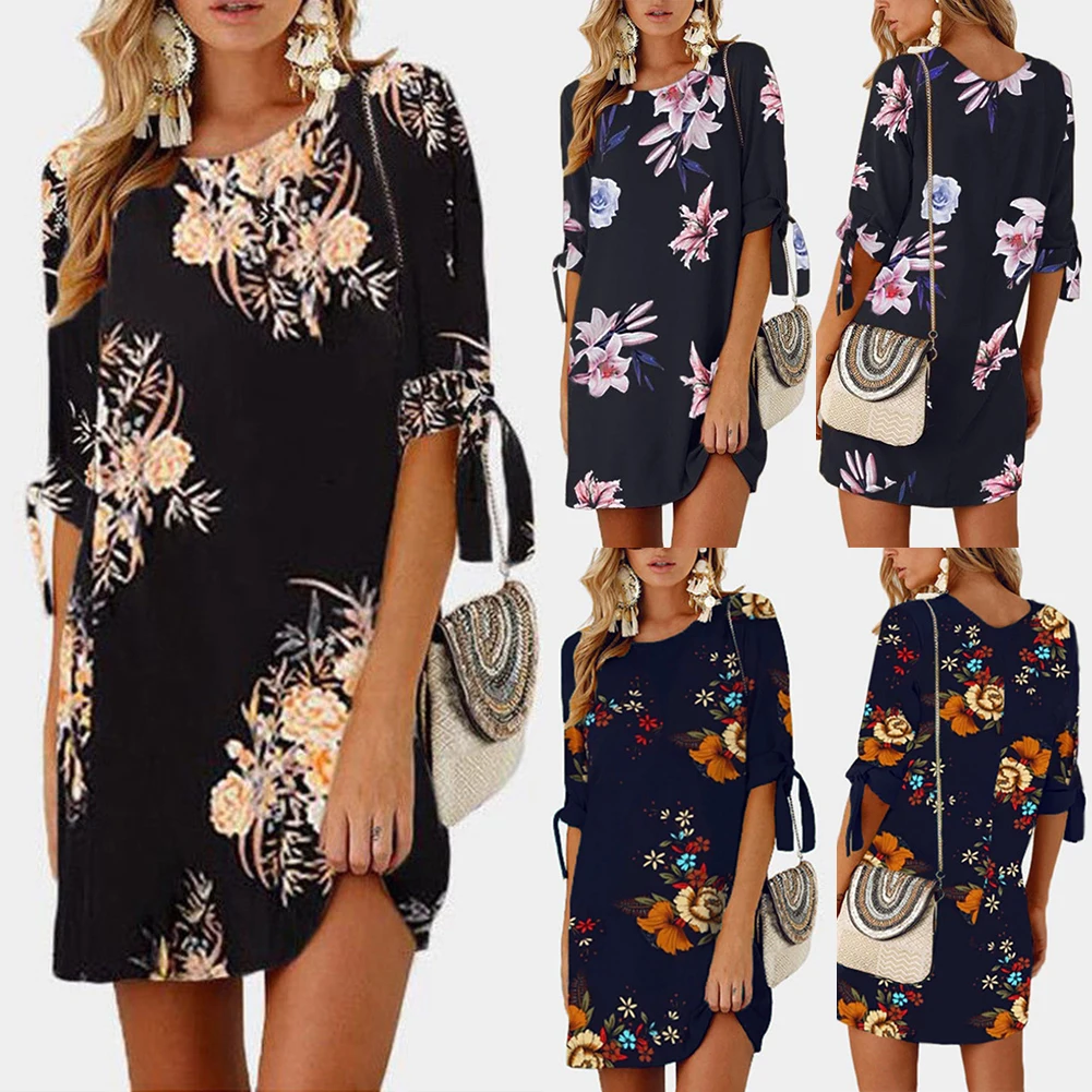 Женское шифоновое мини платье с цветочным принтом и круглым вырезом коротким