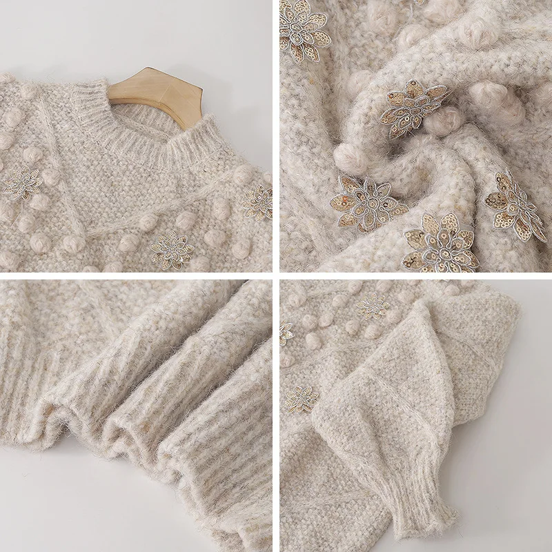 

Loose O-neck Thick Autumn Winter Sweater Women Tops Knitted Pullover Hook Hair Ball Casual Long Sleeve Pull Femme T41013