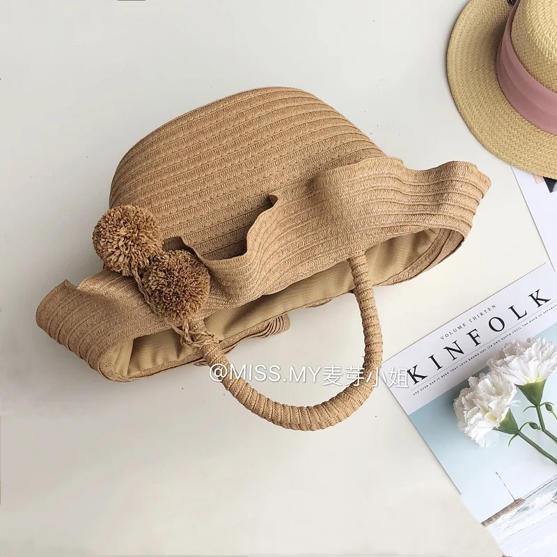 

CX Ruffled Curling Fur Ball Straw Woven Bag Women's Woven Tote Bucket Bag