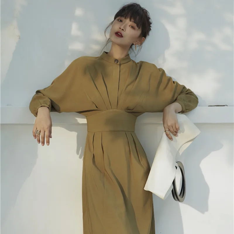 Осеннее винтажное женское платье с рукавами летучая мышь и стоячим воротником