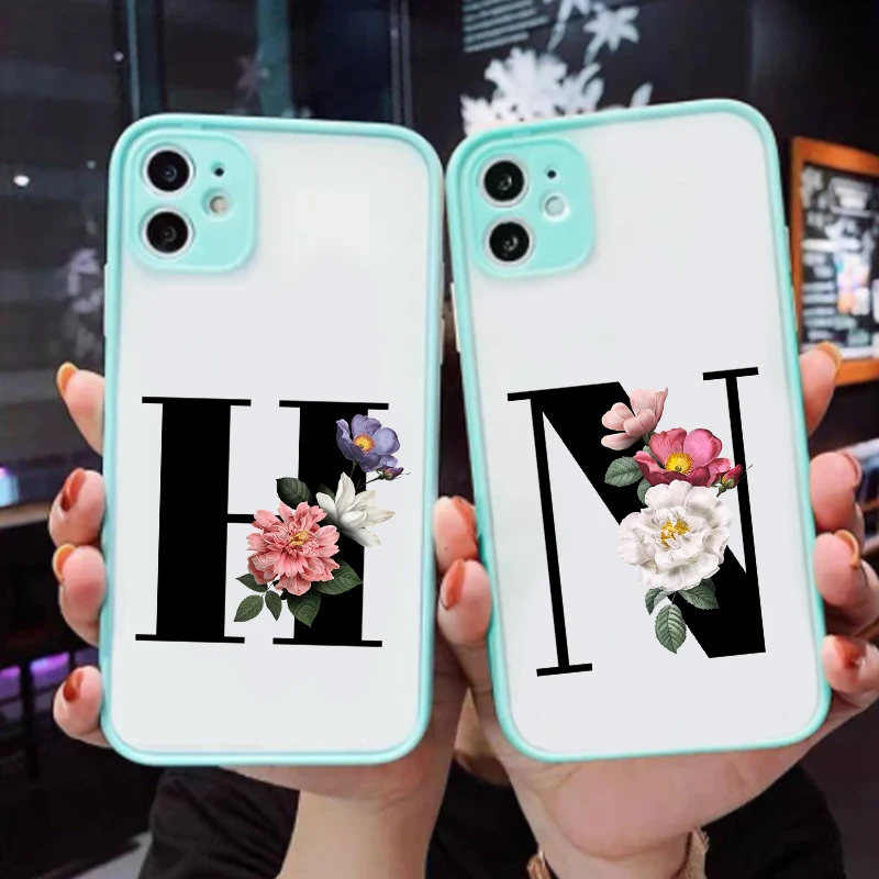 

Fasoion Letter A B C D Flower Cellphone Bumper Clear Matte PC Back Phone Case For iPhone 12 13 Pro Max 12 13 Mini Soft Case