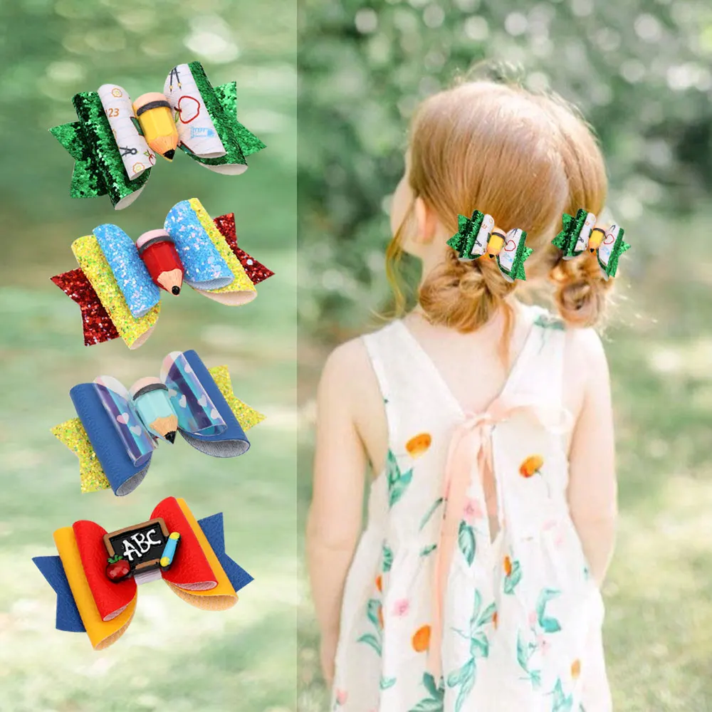 

Xugar 4 Pcs/lots 3" Glitter Pencil Hair Bows For Girls Kids Back To School Hair Clips Hairpins Students Hair Accessories