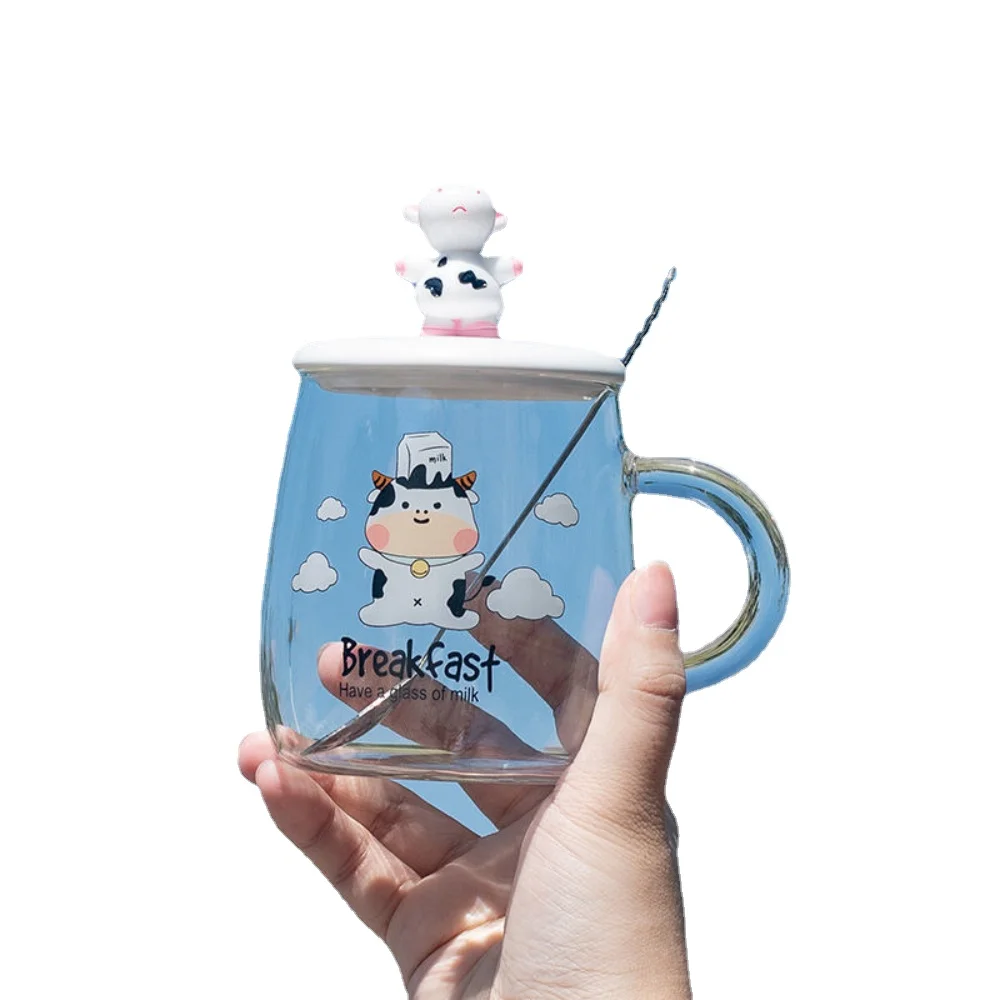 

3d 450ML Cartoon lovely Cow Borosilicate Glass Mug Lid With Straw Milk Bottle Juice Transparent Coffee Cup Exquisite Gift