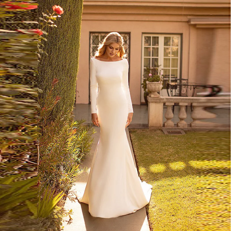 

Modern Simple Mermaid Long Sleeve Wedding Gowns for Bride Cowl Back Bateau Neckline Bridal Wedding Dresses Sweep Train On Sale