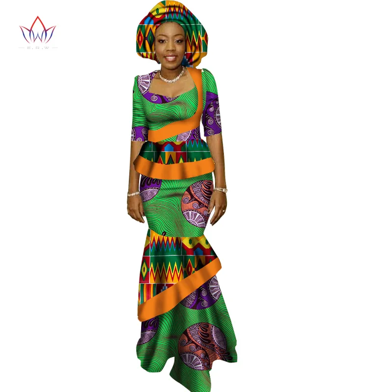 2021 New African Long Print Skirt Maxi Dress Suit Half Sleeve Crops Tops Splice Dress Bazin African Clothing for Women WY1417