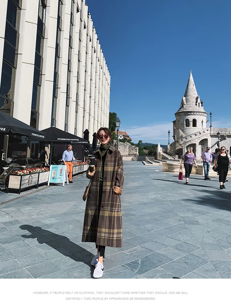 Шерстяное клетчатое пальто для фотосессии, женское, средней длины, зима, стиль, корейский стиль, модное, элегантное, свободное, Дафлкот, модное пальто