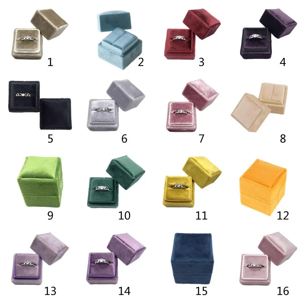 

16 Color Velvet Single Ring Box Square Wedding Ceremony Ring Box with Detachable Lid