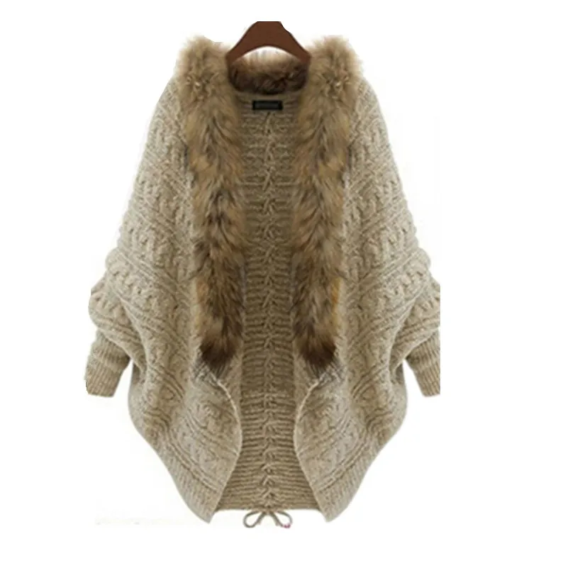 

VOLALO New Winter Fashion Knitted Cardigan Women Bat Cape Shawl Collar Fashion Female Faux Fur Coats Overcoat Outwear