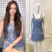 kpop korean celebrity summer new fashion blue sleeveless tweed chain dress women sexy strapless slim waist backless mini dresses