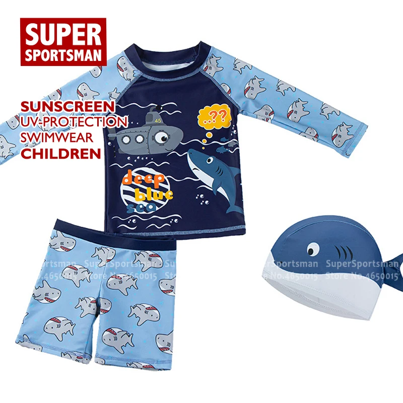 

Kids Summer Beach Swimwear Baby Boy Cartoon Shark Rashguard Two-Piece Swimsuit Children Surf Swimming Shorts Sports Bathing Suit