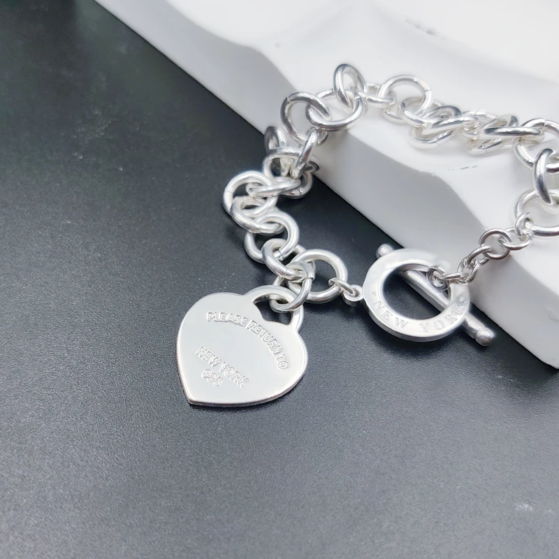

925 Sterling Silver T Bracelet Women's Jewelry Heart Pendant Chain High Quality Luxury Brand Jewelry Personality Friendship Gift