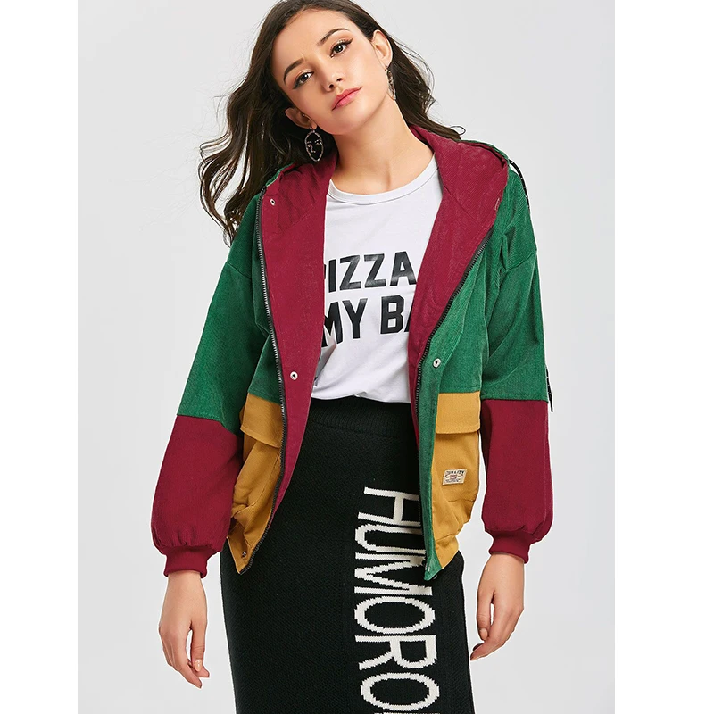 С Вельветовая куртка женская с капюшоном в стиле пэчворк карманами женские блузы