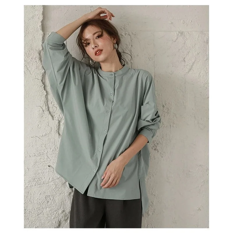 

ZAWAHIKI Japan Style Women Blouses Solid Stand Collar Batwing Sleeve Summer Blusas Mujer Vintage Loose Office Ladies Shirts