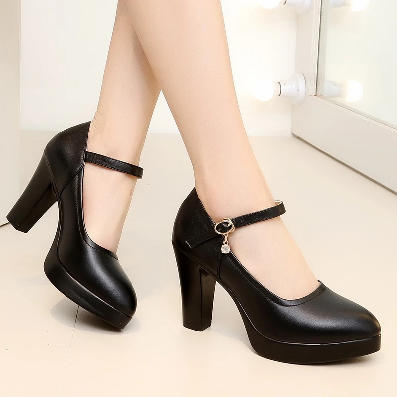 

High Heels Platform Pumps Mujer 2021 Spring New Fashion Buckle Solid Black Shoes Woman PU Leather Waterproof Shoes Femme