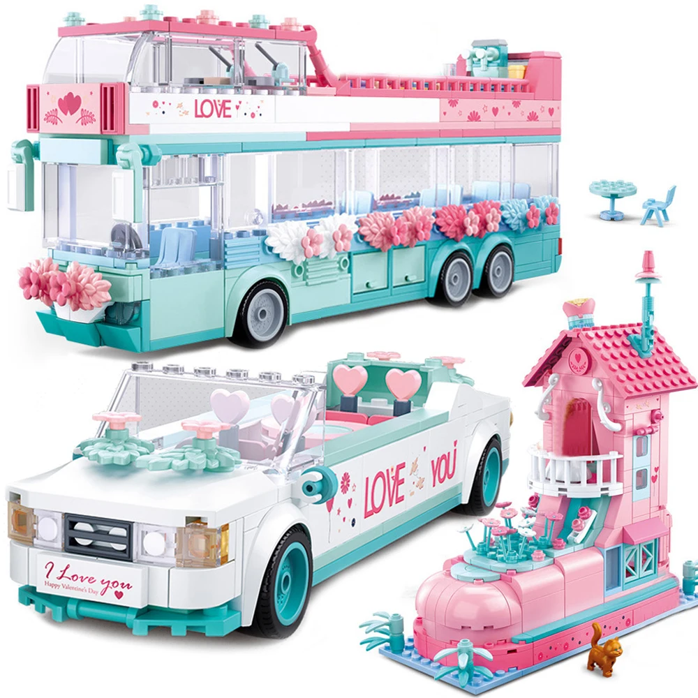 Набор игрушек для детей Sluban City Architecture Friends Wedding House, розовый автобус, гоночная принцесса, серия "Мечты".