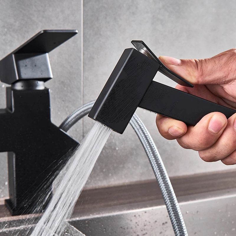 Deck Mout Black Higher Kitchen Faucet hot cold Mixer Tap one Hole single Handle Pull Out Spray Gun Brass Material Lead Free |