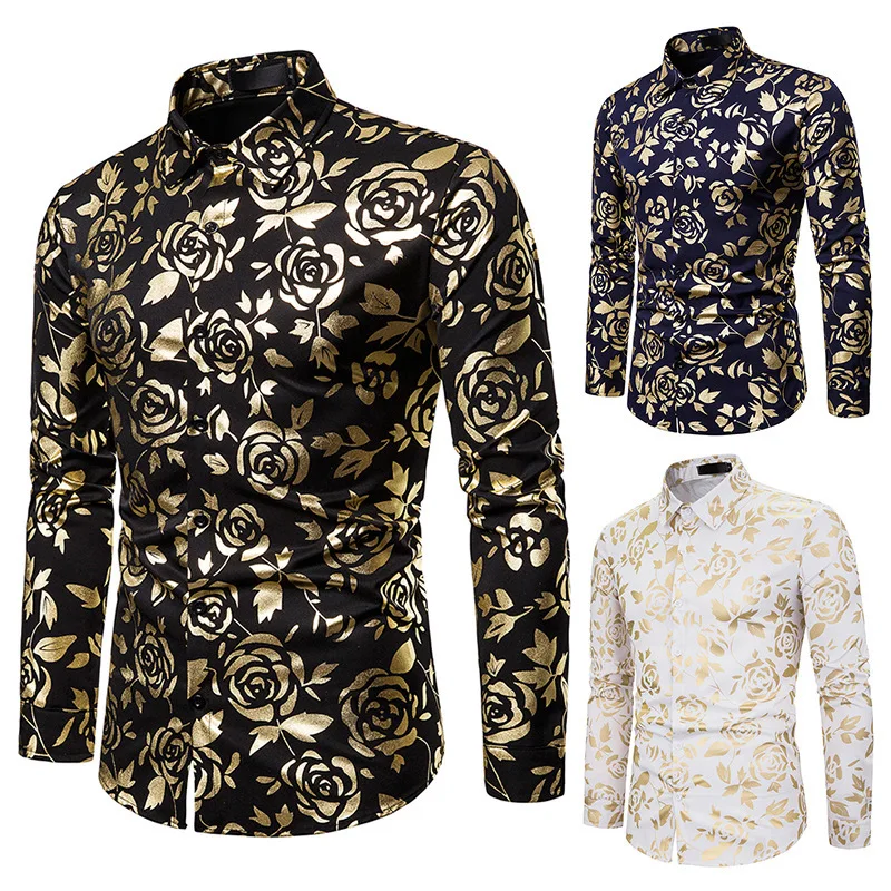 

Men Luxury black gold Bronzing Printed Slim Long Sleeve Dress Shirt wedding Night club Hip hop party Singer stage Clothing