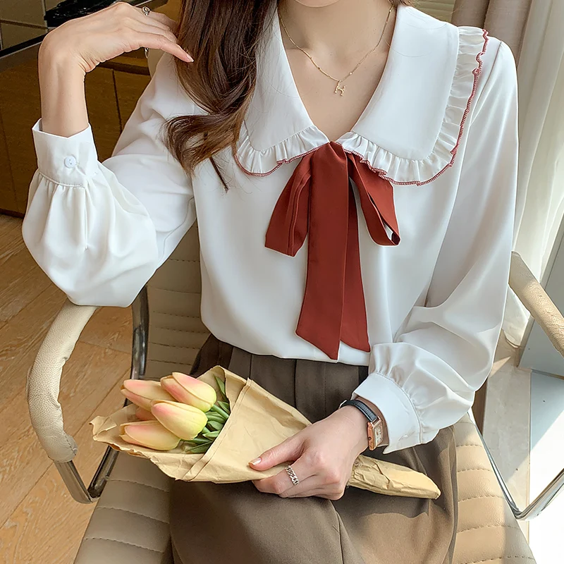 

Chikichi 2021 Spring and Autumn New Korean Fashion Doll Collar Bow White Chiffon Bubble Sleeve Ladies Long-sleeved Shirt