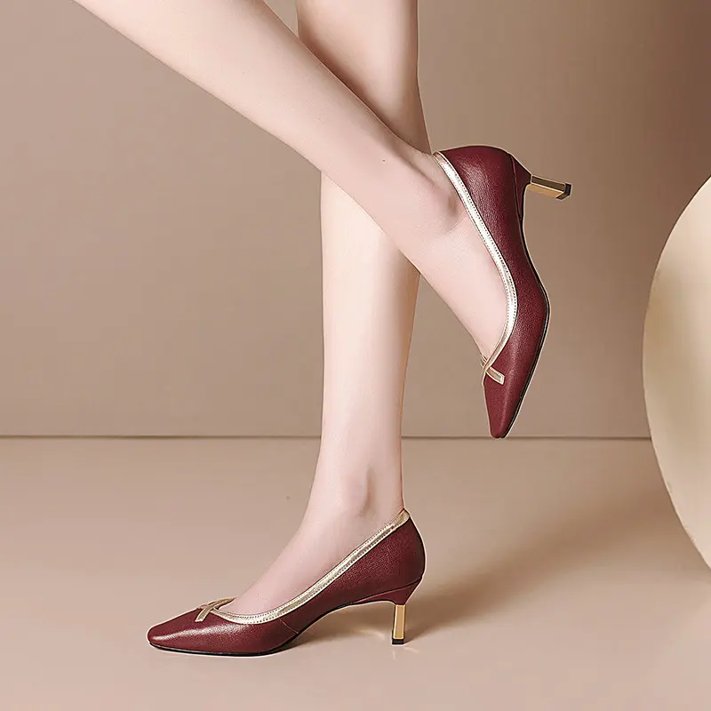 

bowties Office Lady Basic Shoes Woman Spring summer High Heels Pumps For Women Mixe Colors Genuine Leather Women Shoes