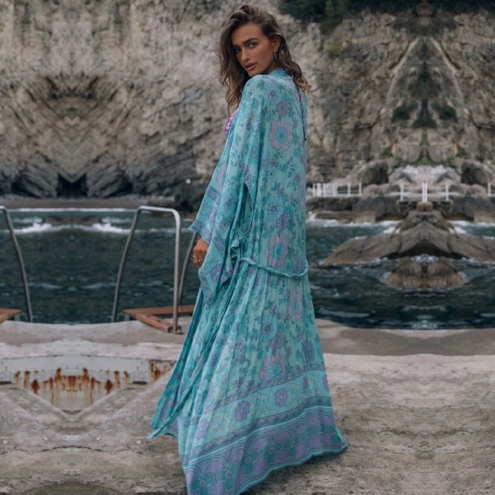 2022 Пляжная накидка на бикини с принтом туники для пляжа длинный кафтан Пляжное