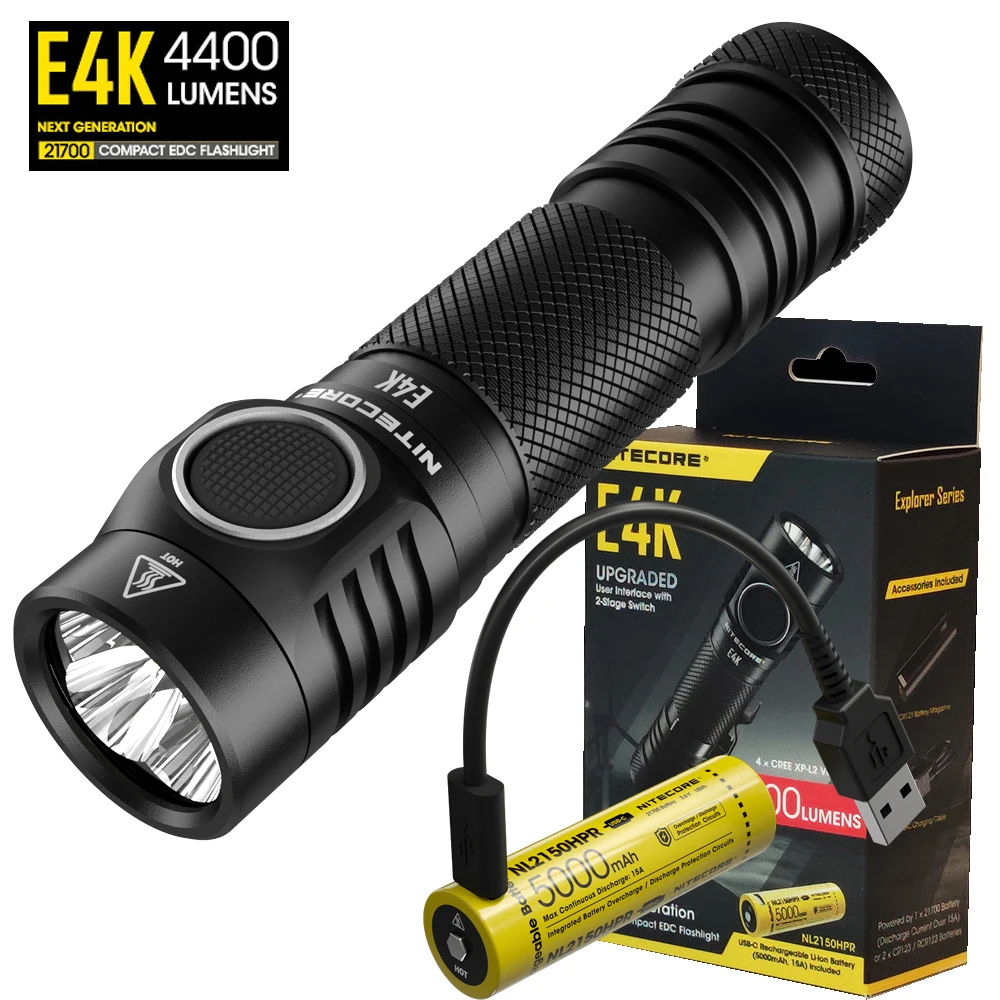 

Вссветильник NITECORE E4K, 4 лампочки, V6, светодиоды, белый свет, максимальная дальность 4400 люмен, 211 м, фонарь 21700, 5000 мАч, USB, перезаряжаемая батарея
