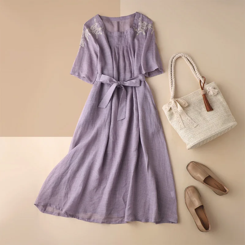 

SHUCHAN Cotton Ramie Women Dresses Summer 2021 Embroidery Prairie Chic Ankle-Length Regular Square Collar Summer