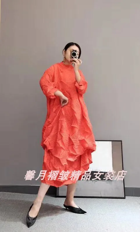 Горячая Miyake модное платье со складками со стразами, однотонное Свободное длинное платье со стоячим воротником