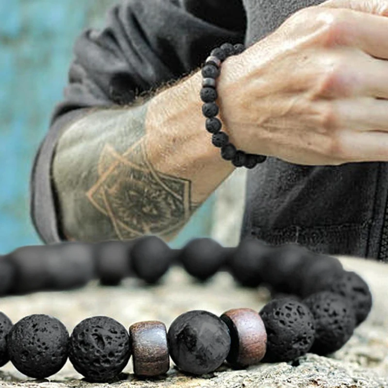 

Volcanic Stone Bracelet for Men Lava Wooden Beads Bracelet Tibetan Buddha Wrist Chain Women Men's Jewelry Gift Bracelets