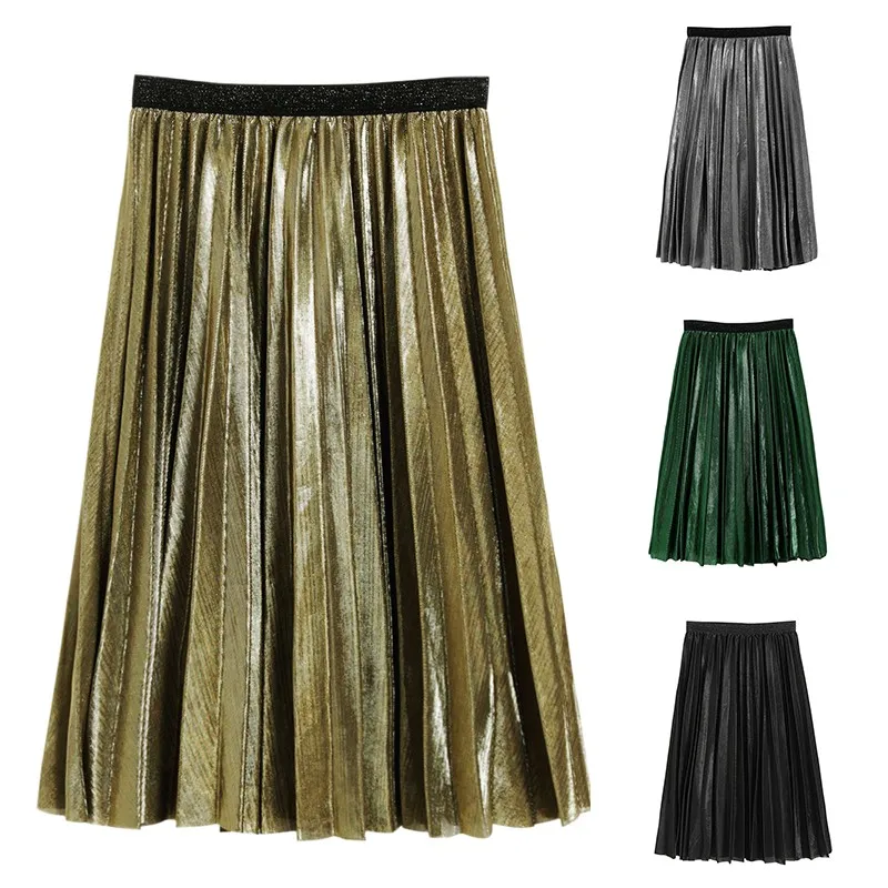Женская плиссированная юбка средней длины Повседневная модная Серебристая