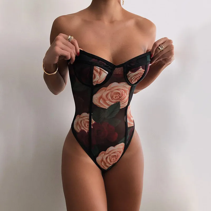 

Jumpsuits Women Black Mesh Sheer See Through Bodysuits Sleeveless/Long Sleeve Floral Print Lingerie Romper One-piece 2021