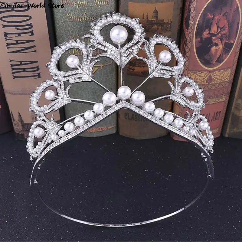 Hermosa corona de pelo de princesa de pavo real para boda, diadema de perlas de imitación, velo de desfile, regalo de Tiara para el pelo