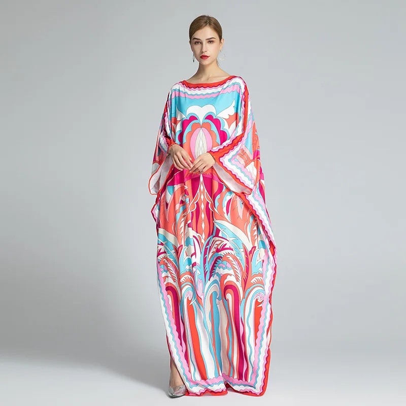 

2021 Spring Summer New Loose Large Size Maxi Dress Women Boho Printed Dress Fashion O-neck Batwing Sleeve Slimming Robe Vestidos