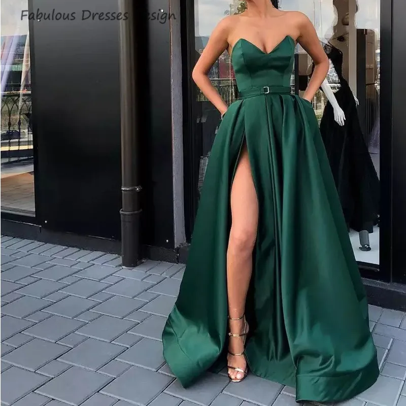 

Сексуальное платье с разрезом для выпускного вечера с V-образным вырезом, длинное без бретелек пояс, вечернее платье трапециевидной формы д...