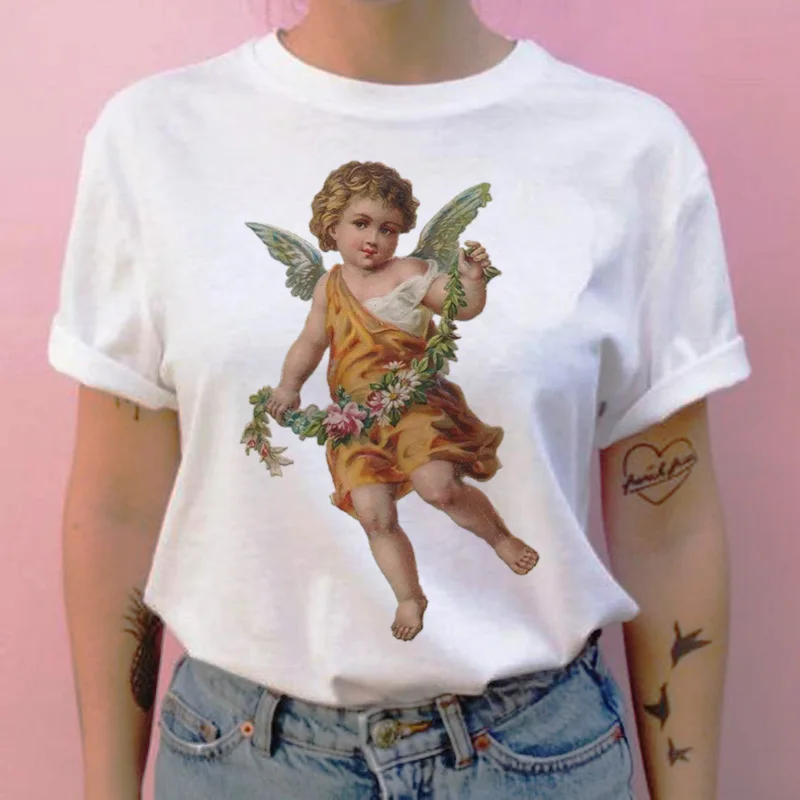 Футболка с ангелом harajuku, с рисунком героев мультфильмов, 90 s, повседневная женская футболка с круглым вырезом, Винтажная футболка, топы, футболки, кавайные эстетические