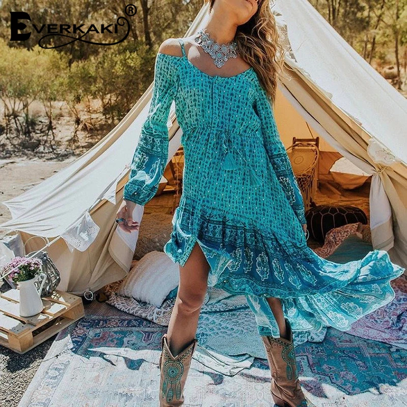 Everkaki Gypsy Floral Print Slip Dress Women Sashes Boho Adjustable Waist Off Shoulder Tassels Dresses Female Autumn New