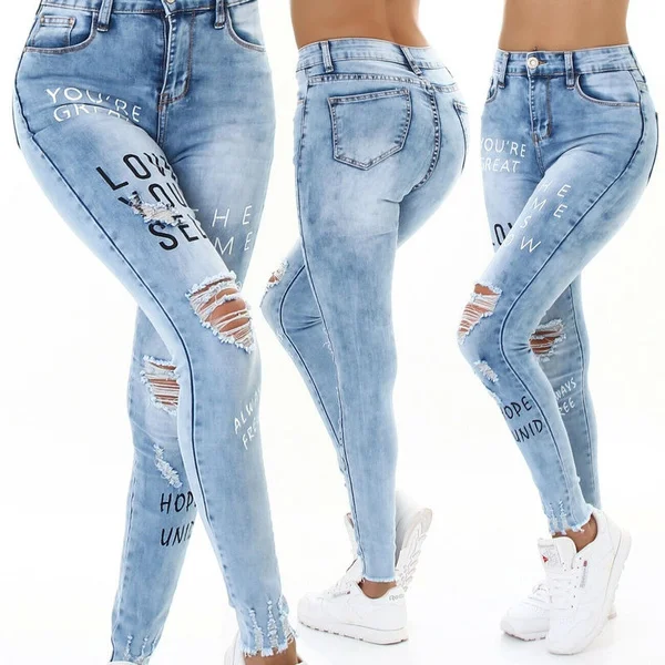 

Women Jeans Pants 2021 High Waist Skinny Stretchy Trousers Casual Summer Letter Print Denim Pencil Pants Ripped Jeans for Women