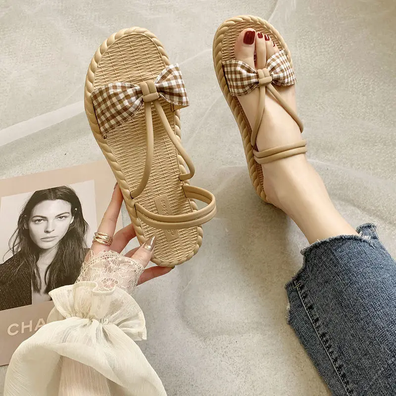 

Flat Sandals Summer Women's Slippers Leather Comfortable Sole Cross Weave 8 Colors Woman Shoes Solid Color