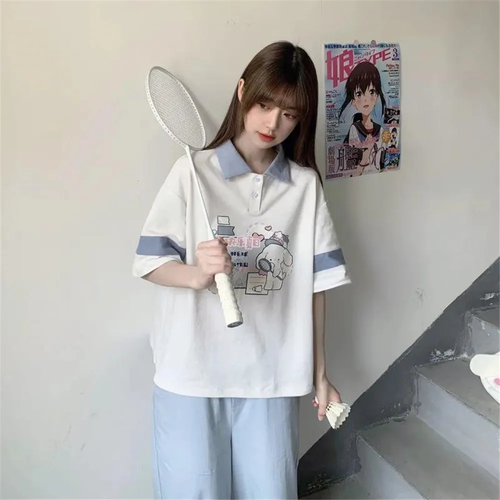 Dog Print Polo Shirt Girl Harajuku Japan Cute Summer Patchwork T Shirt For Girl Kawaii Punk Loose Student Funny Clothes Shirt images - 6