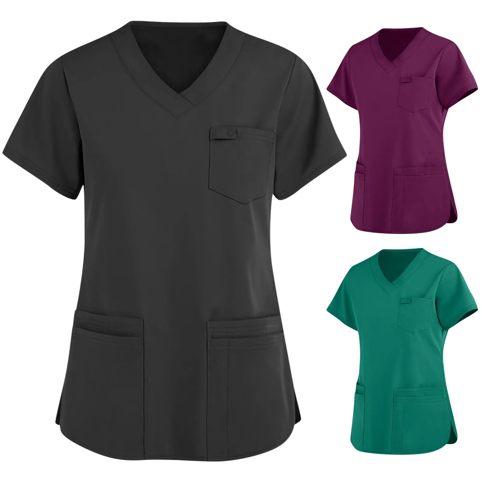 

2021 стрейч с v-образным вырезом скраб-Топ для женщин Однотонная футболка с короткими рукавами для салонов красоты для ролевых игр, медсестра, ...