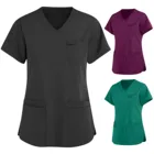 Женский топ с V-образным вырезом, эластичная Однотонная футболка с коротким рукавом, с карманами, для салонов красоты, медсестер, 2021