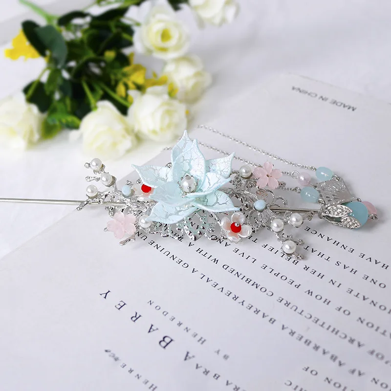 Fairy pink chinese Hairpin Children's girls hair sticks Hair Accessories Tassel Step Shake hairpins jewelry sets | Украшения и