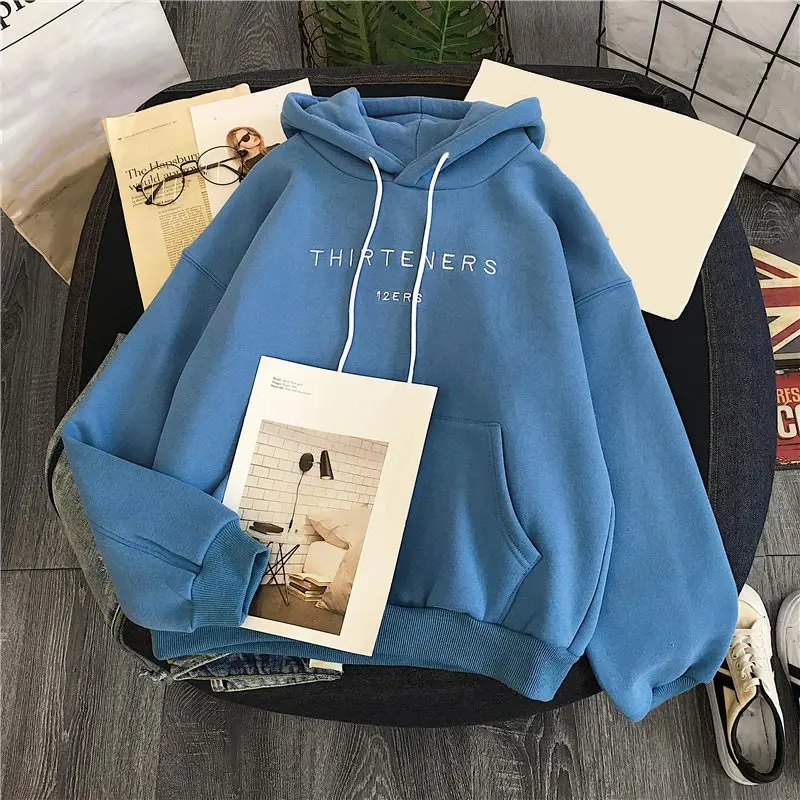 Blue 1 Плюс бархатные толстовки для женщин осень с буквенным принтом пуловеры с молнией с капюшоном женские толстовки повседневные свободные свитшоты - Цвет: Blue 1