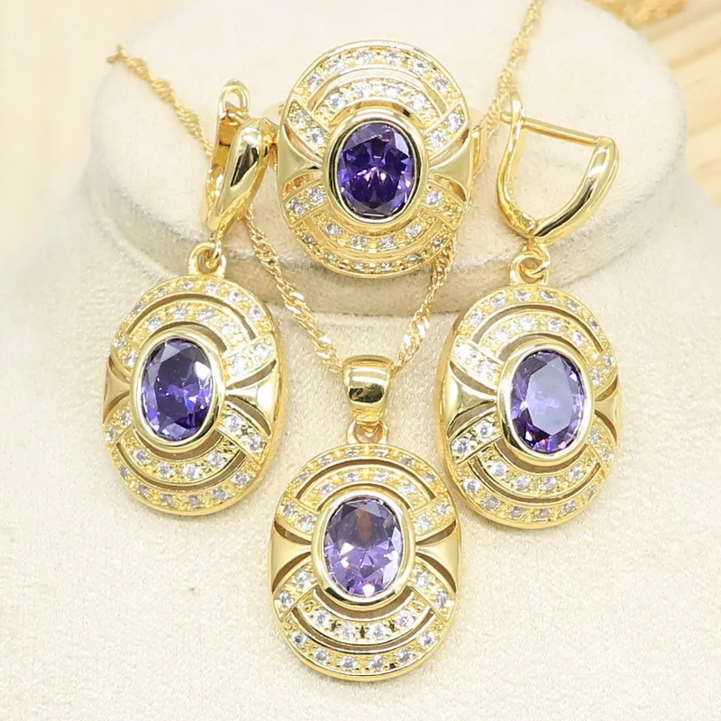 Золотой набор украшений для женщин фиолетовый циркон браслет кольцо серьги