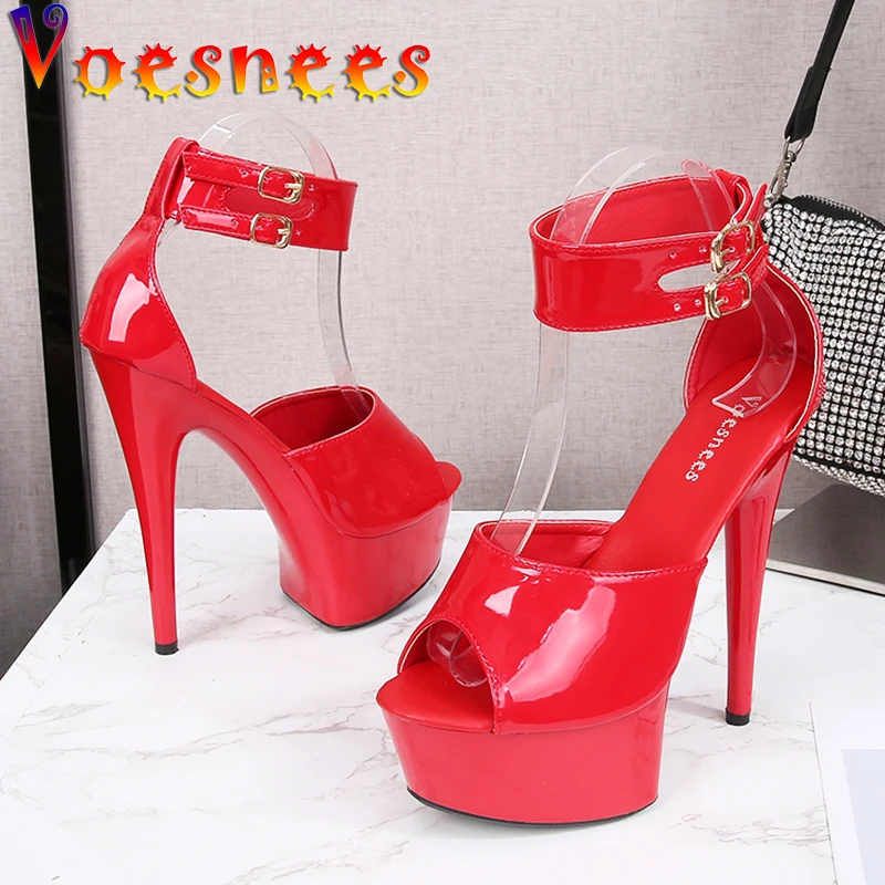 

Voesnees Hot Sales 2021 Summer Style Sexy 15cm Women Sandals High Heels Open Toe Buckles Nightclub Party Shoes Black Big Size 43