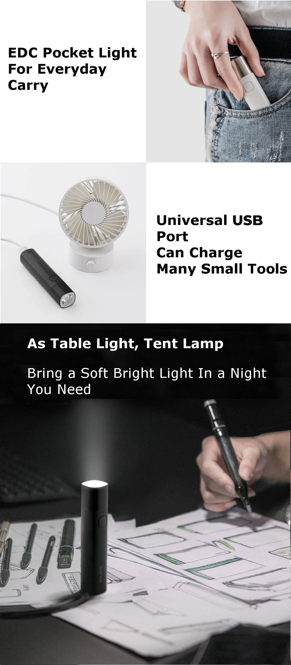 Xiaomi SOLOVE X3 фонарик USB Перезаряжаемый яркий 3000 мАч Внешний аккумулятор портативный мини светодиодный фонарь для улицы и телефона