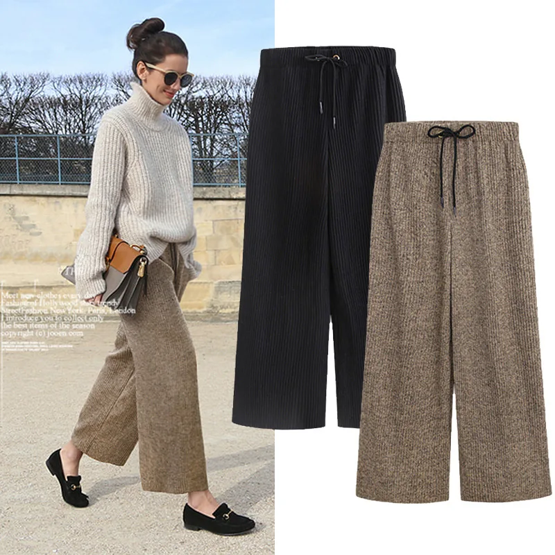 

Winter Woolen Pleated Pants Women 2020 Elastic Waist Loose Pants Women For Autumn Black Wide Khaki Pants Ankle-length Pants