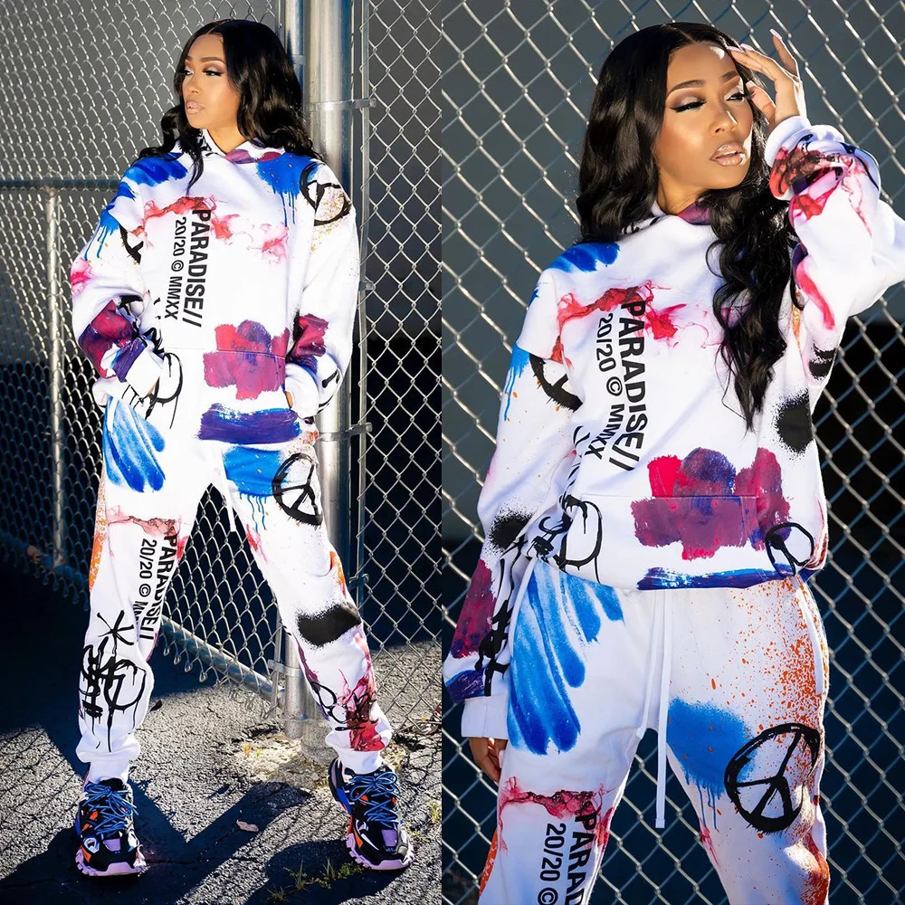

Featured inkjet letters two-piece women's hooded long-sleeved top and trousers fashion printed casual sports suit