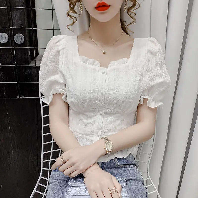 

Women 2021 New Summer Chic Chiffon Blouse Tops Female French Causal Vintage Solid Color Puff Sleeve Slim Shirt Women Blusas Q376